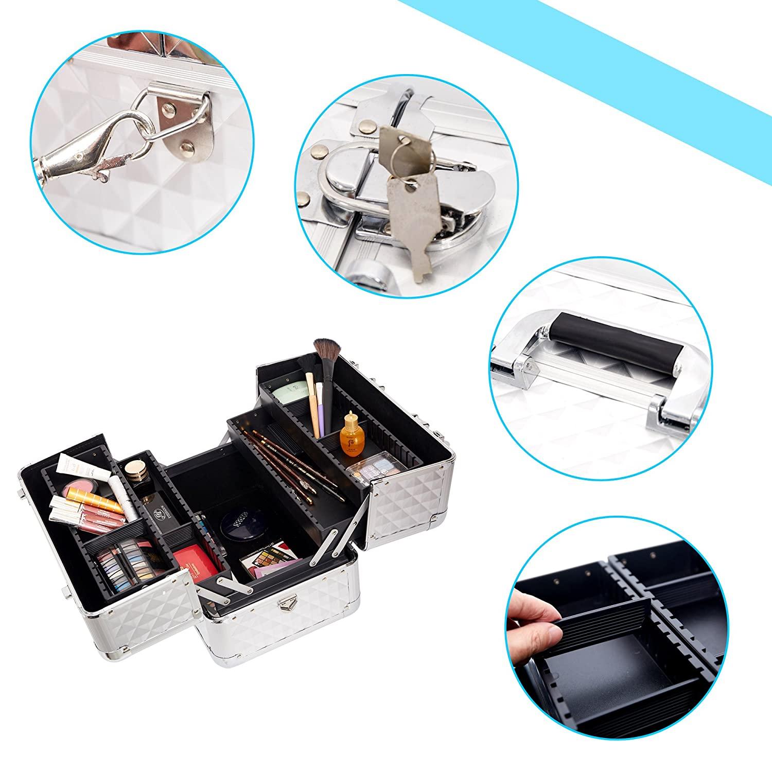Makeup Train Case Professional Cosmetic Box with Adjustable Dividers 4 Trays and 2 Locks Glossy Aluminum Design - Luckyermore