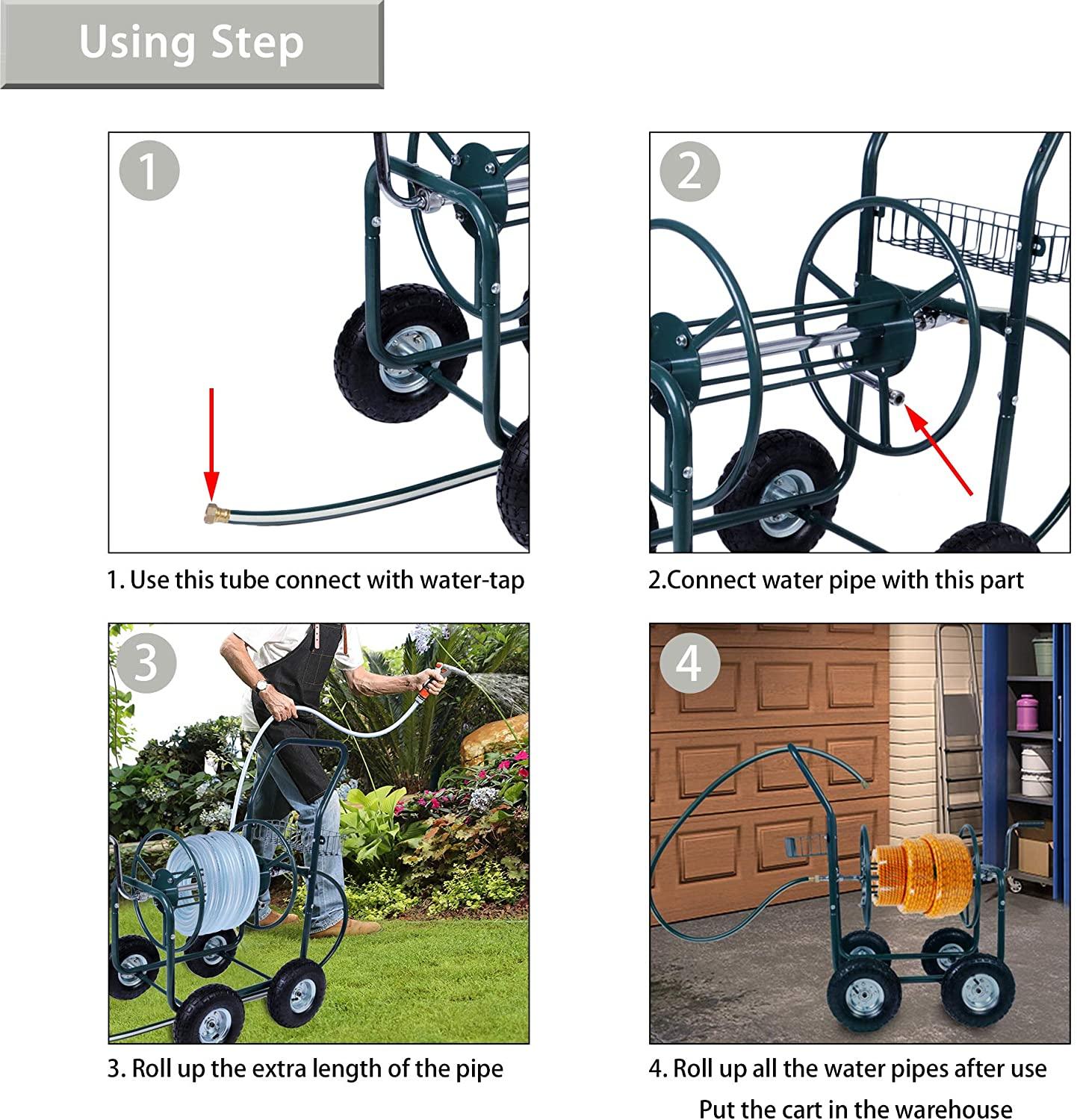 Portable Garden Hose Reel Cart with Wheels with Storage Basket Rust Resistant Water Hose Holder - Luckyermore