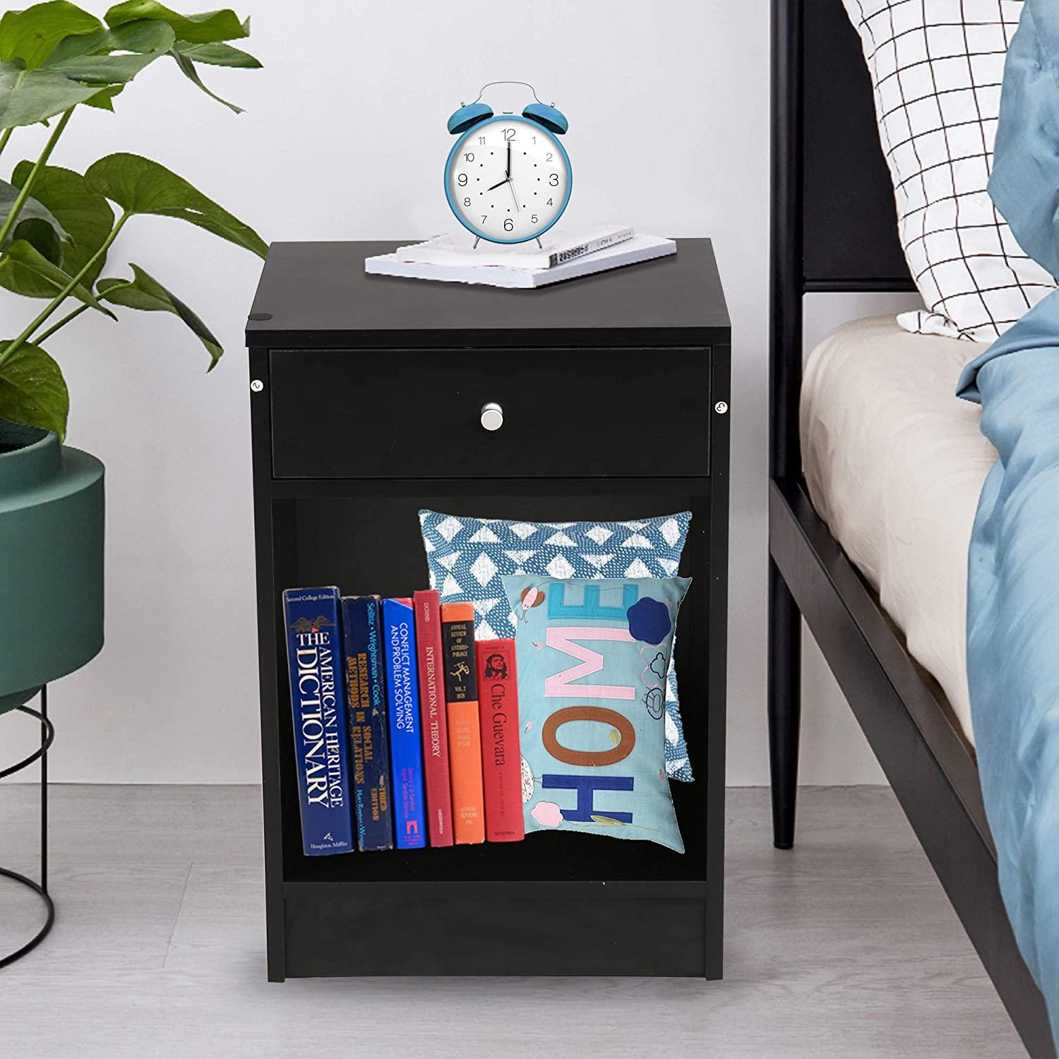 Black Nightstand End Table with Drawers Storage Shelf for Bedroom Living Room,Easy Assembly