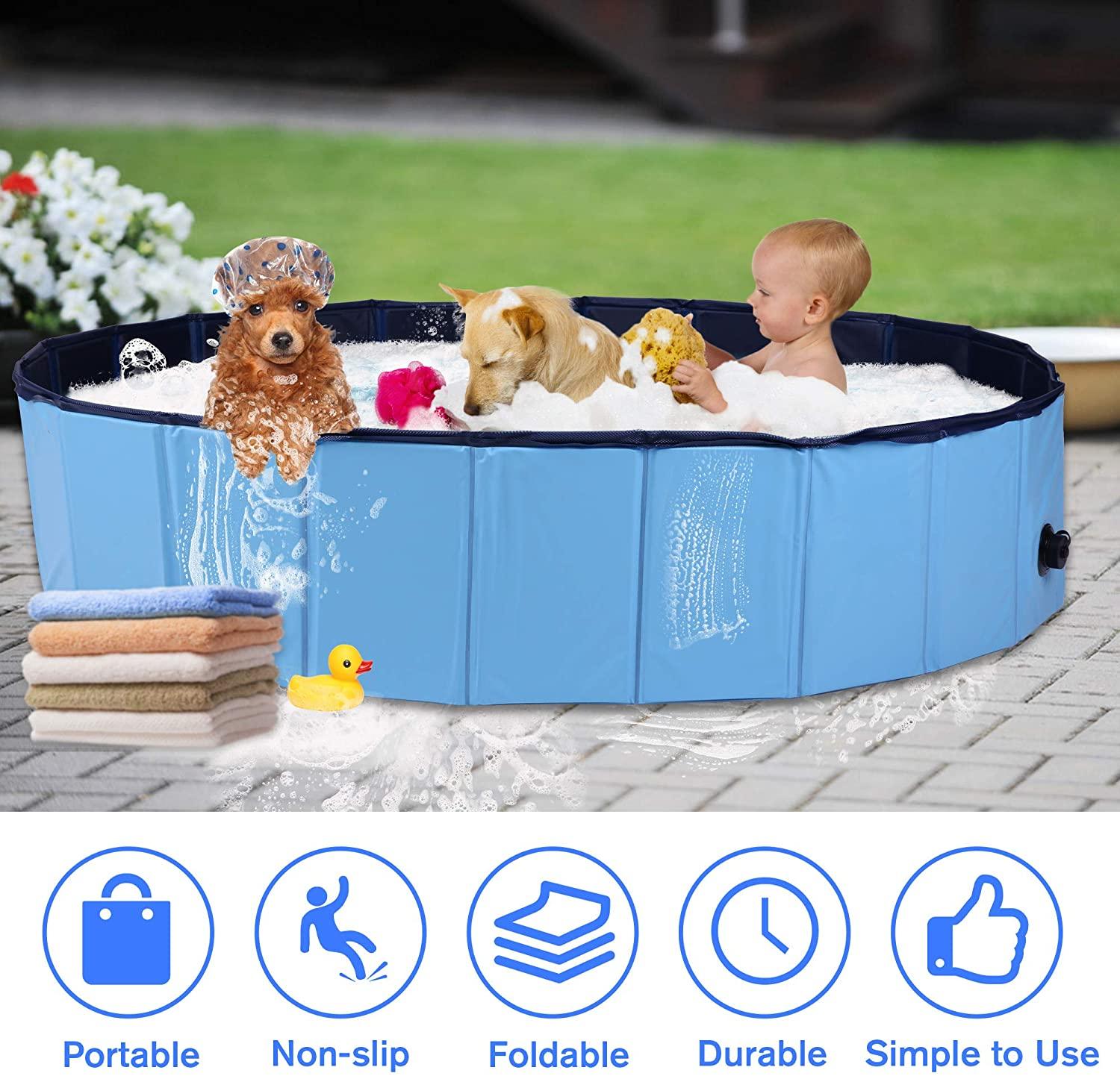 Foldable Dog Pet Swimming Pool Slip-Resistant PVC Kiddie Pool Collapsible Bathing Tub - Luckyermore