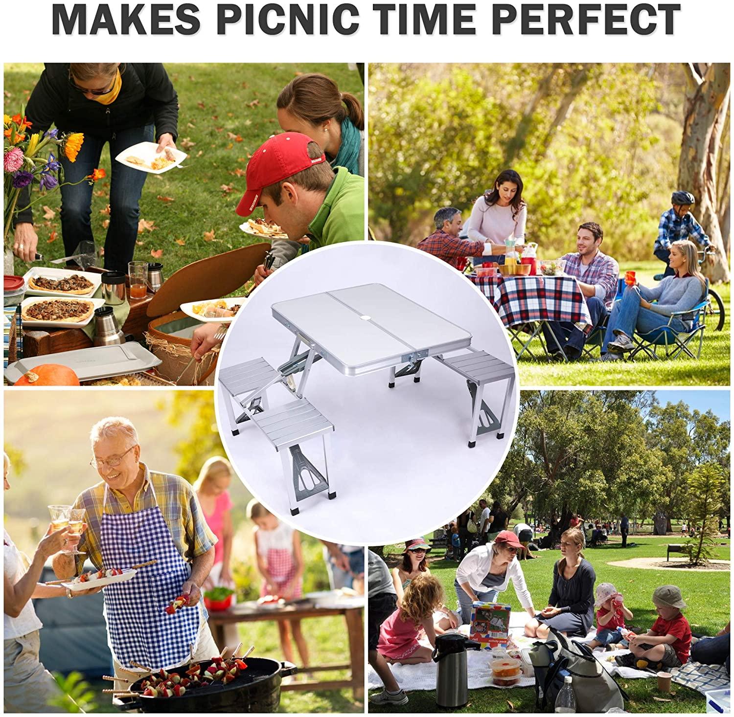 LUCKYERMORE Portable Folding Camping Picnic Table Chair Set for 4 with Seats Chairs and Umbrella Hole