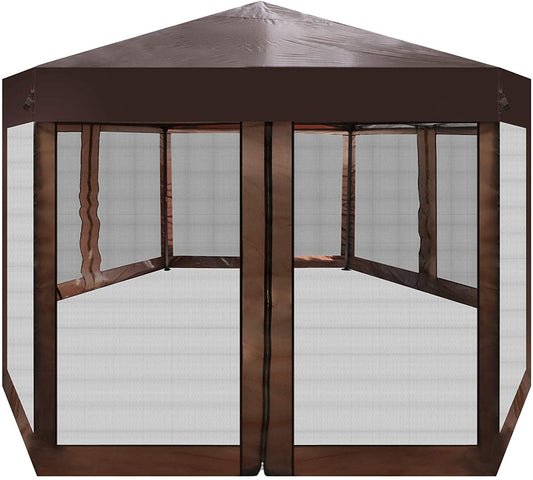 Outdoor Gazebo Patio Hexagonal Canopy Tent Sun Shade with Mosquito Netting and Carry Bag for Backyard Party (Brown)