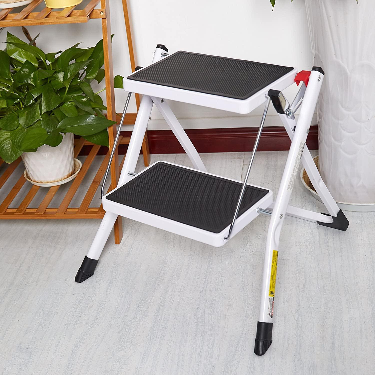 LUCKYERMORE 2 Step Stool Small Foldable Step Ladders with Wide Pedals, 17" 