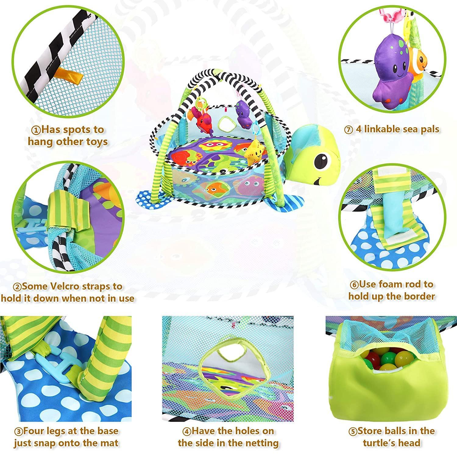3-in-1 Cartoon Baby Infant Activity Gym Turtle Play mat & Ball Pit with 30 Balls & 4 Linkable Toys - Luckyermore