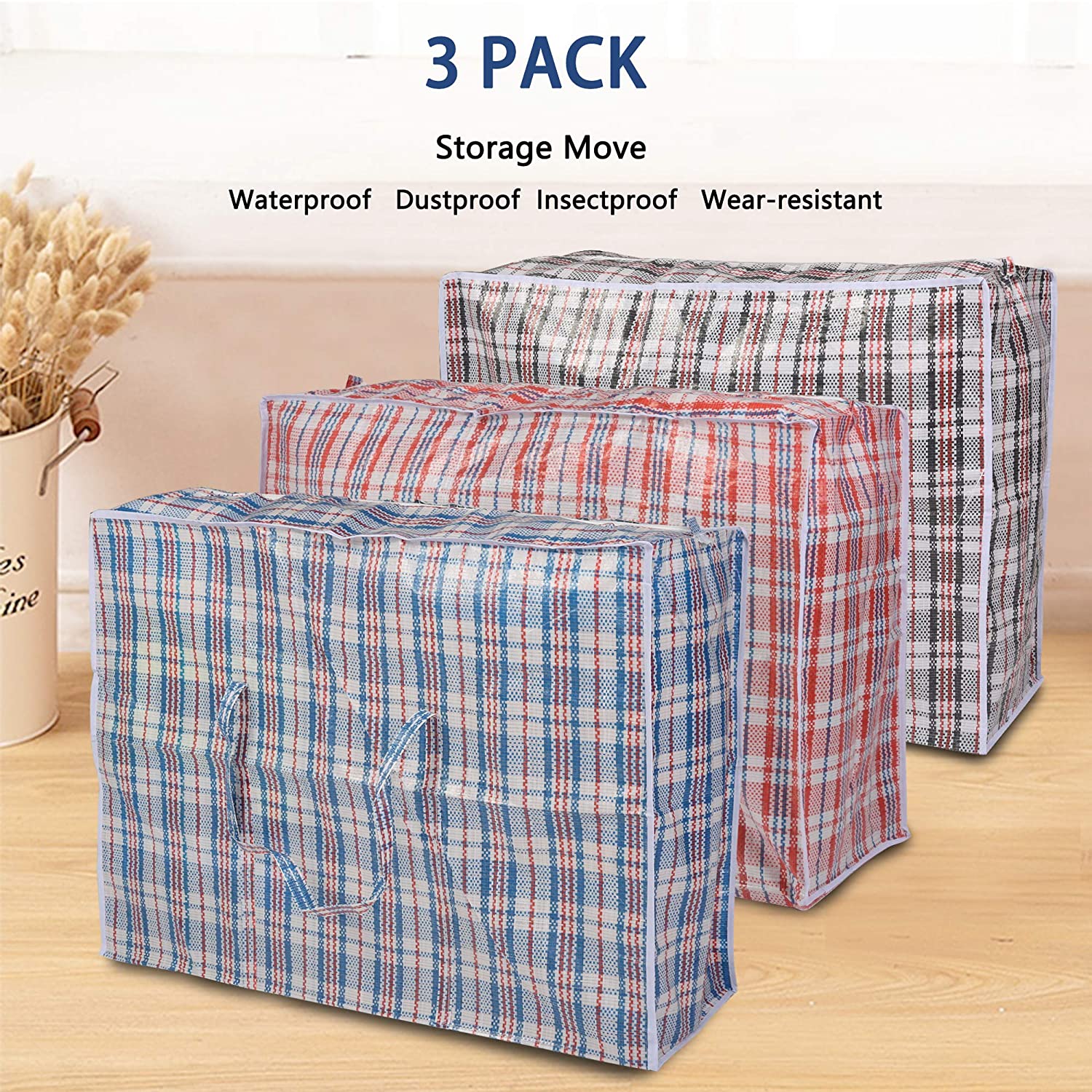 3PC Plastic Woven Storage Bag Moving Tote Clothes Laundry Travel Organizer w/ Zipper & Handles