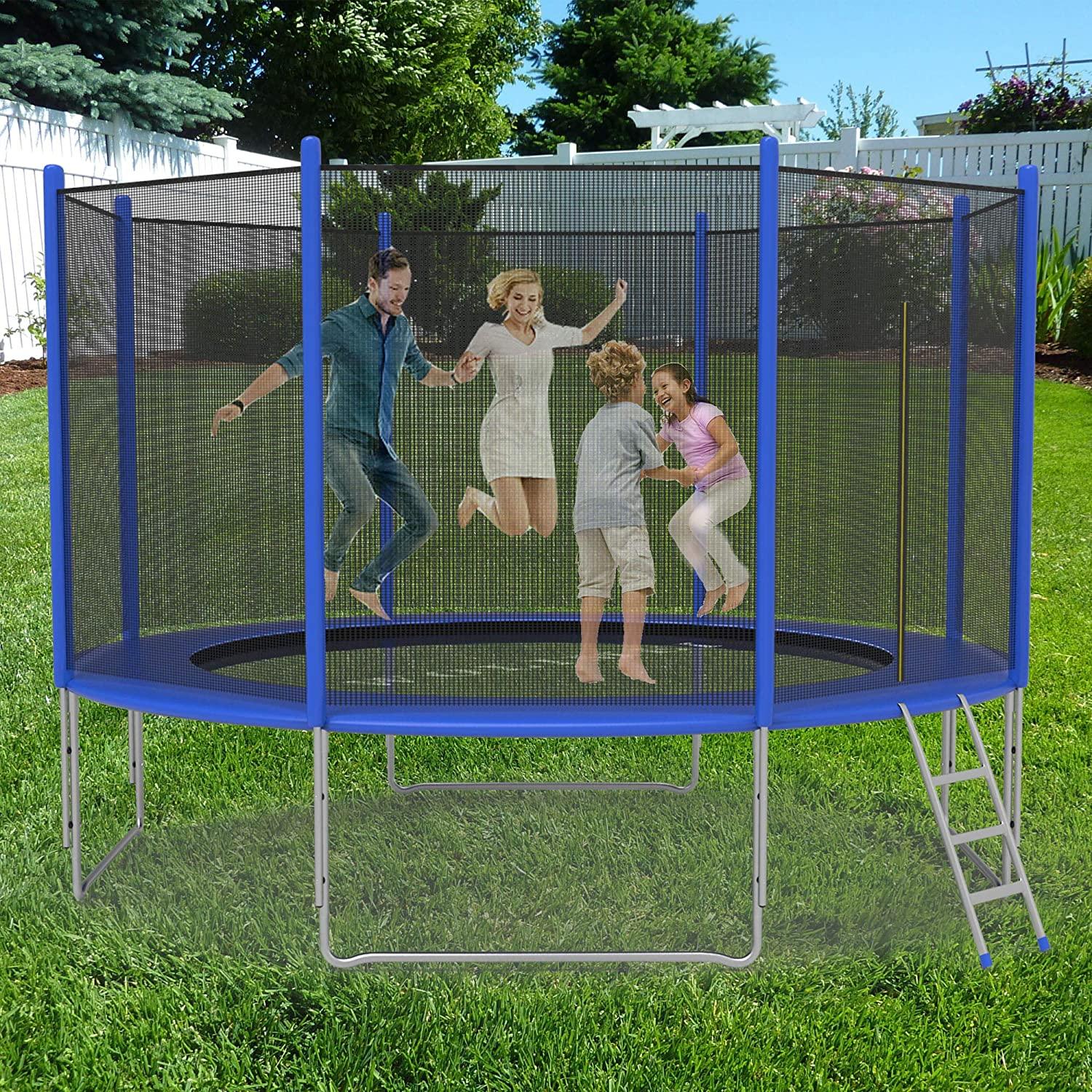 10 FT Recreational Trampoline with Safety Enclosure Net and Ladder and Spring Cover - Outdoor Backyard Bounce Jump Have Fun - Luckyermore