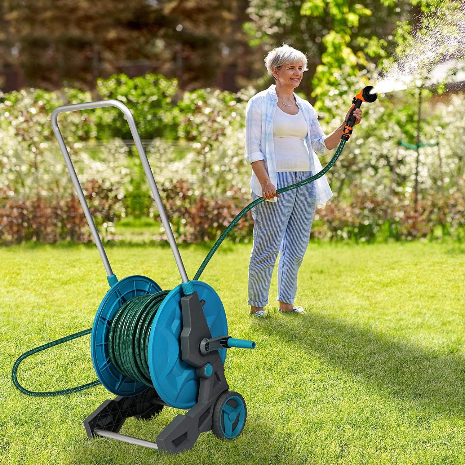 130 Feet Garden Hose Reel Aluminum Hose Reel Cart with Wheels 3/4 Inch 6.6 Feet Leader Hose 7 Patterns Nozzle Included - Luckyermore