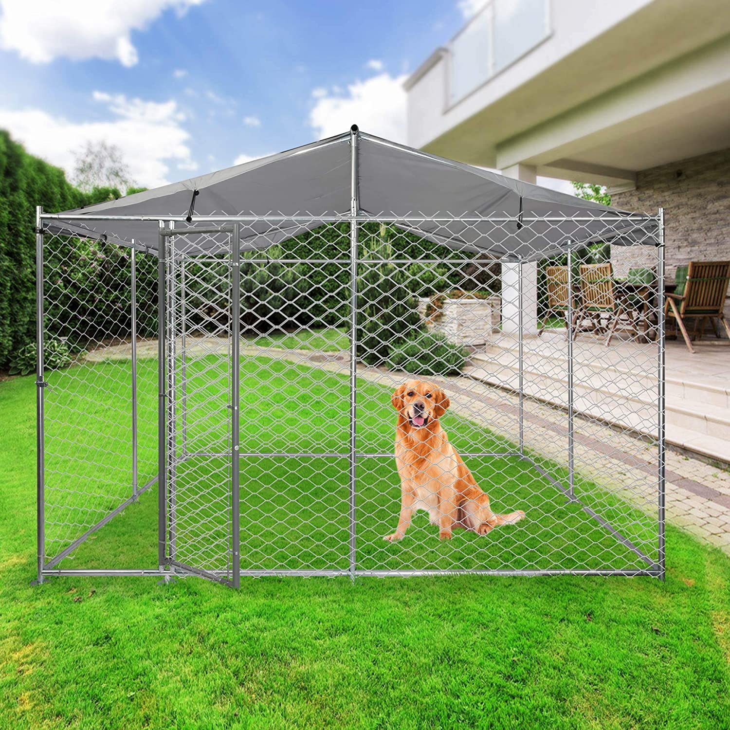 9.8'x9.8'x7.5' Large Outdoor Dog Kennel Galvanized Steel Pet Playpen with Waterproof Cover Secure Lock