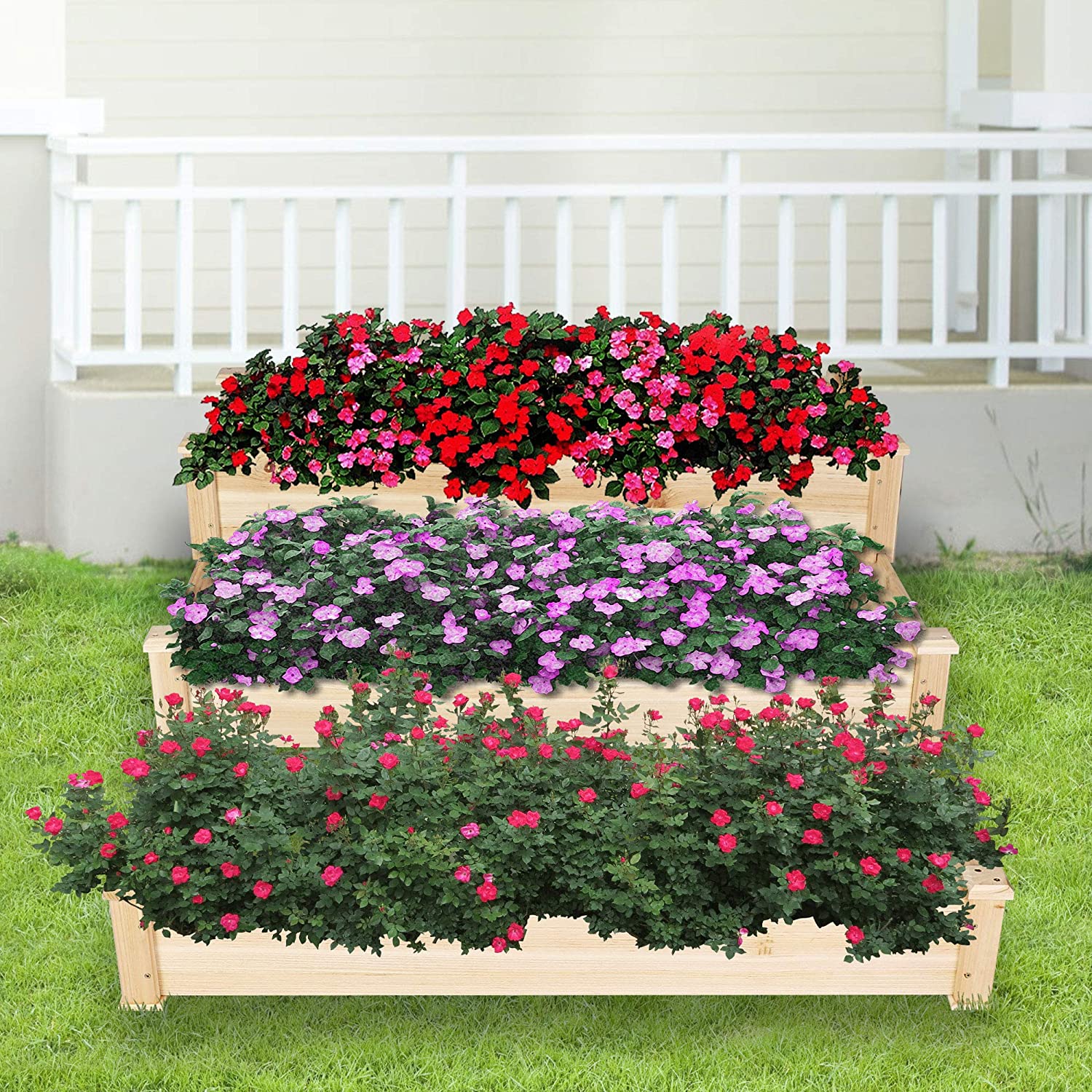 3 Tier Raised Garden Bed Outdoor Wooden Elevated Planter Box Solid Fir Wood for Planting Flower Vegetable Fruit