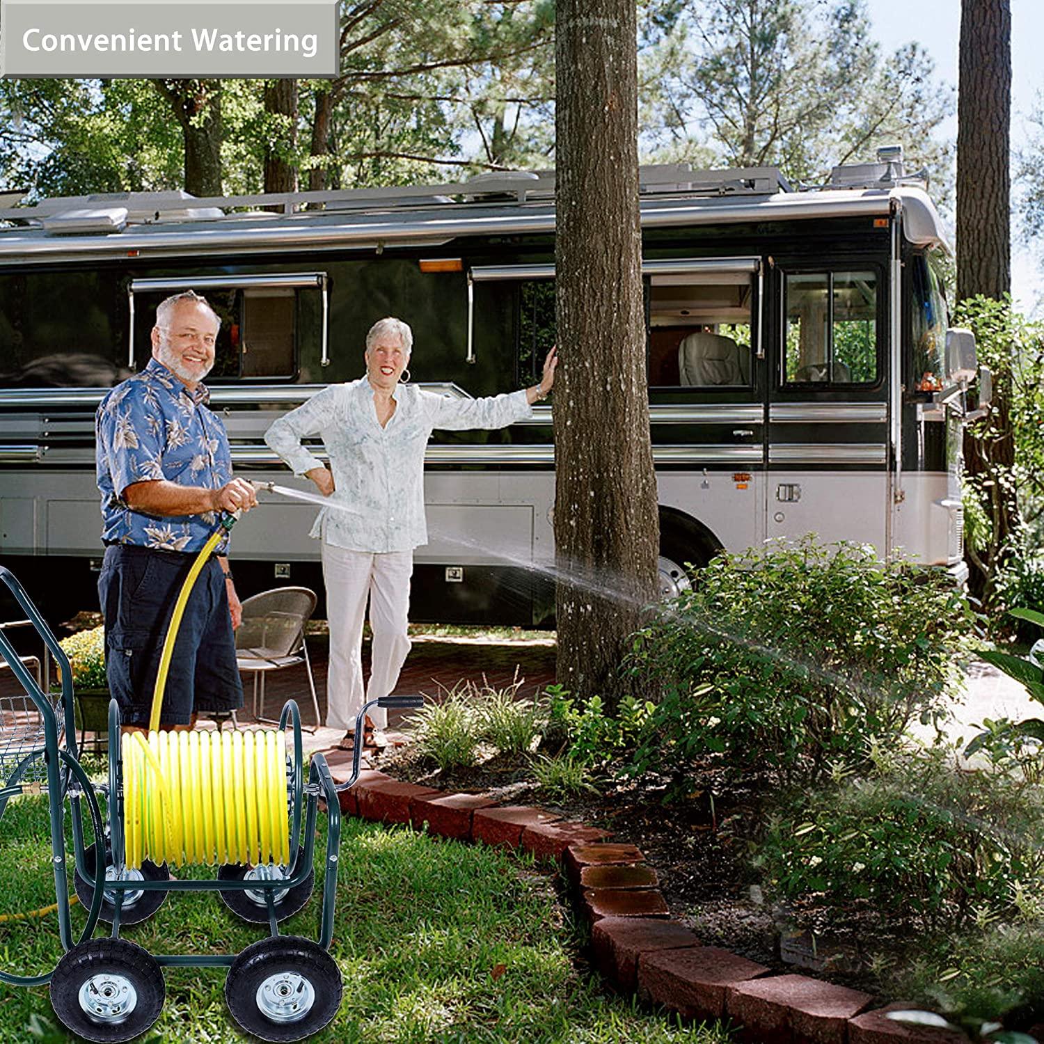 Portable Garden Hose Reel Cart with Wheels with Storage Basket Rust Resistant Water Hose Holder - Luckyermore