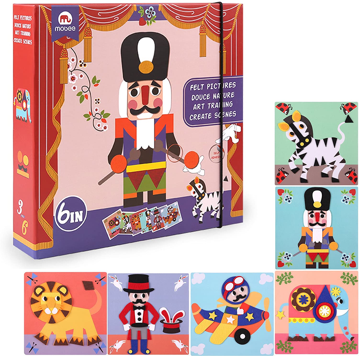 Mobee Fuzzy Felt Picture Sticky Mosaics 6 Templates DIY Craft Kits Art Training Sticker for Kids