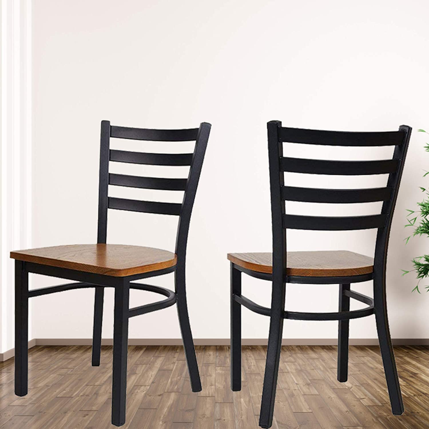 Set of 2 Kitchen Dining Chairs Wood Seat with Metal Legs Fully Assembled, Ladder Back