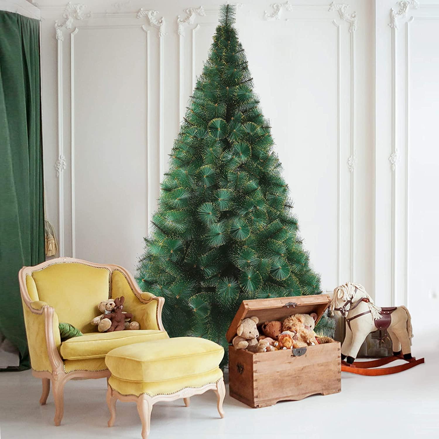 8ft Gold Flocked Christmas Pine Tree Xmas Tree with 460 Branch Tips and Decorations - Luckyermore