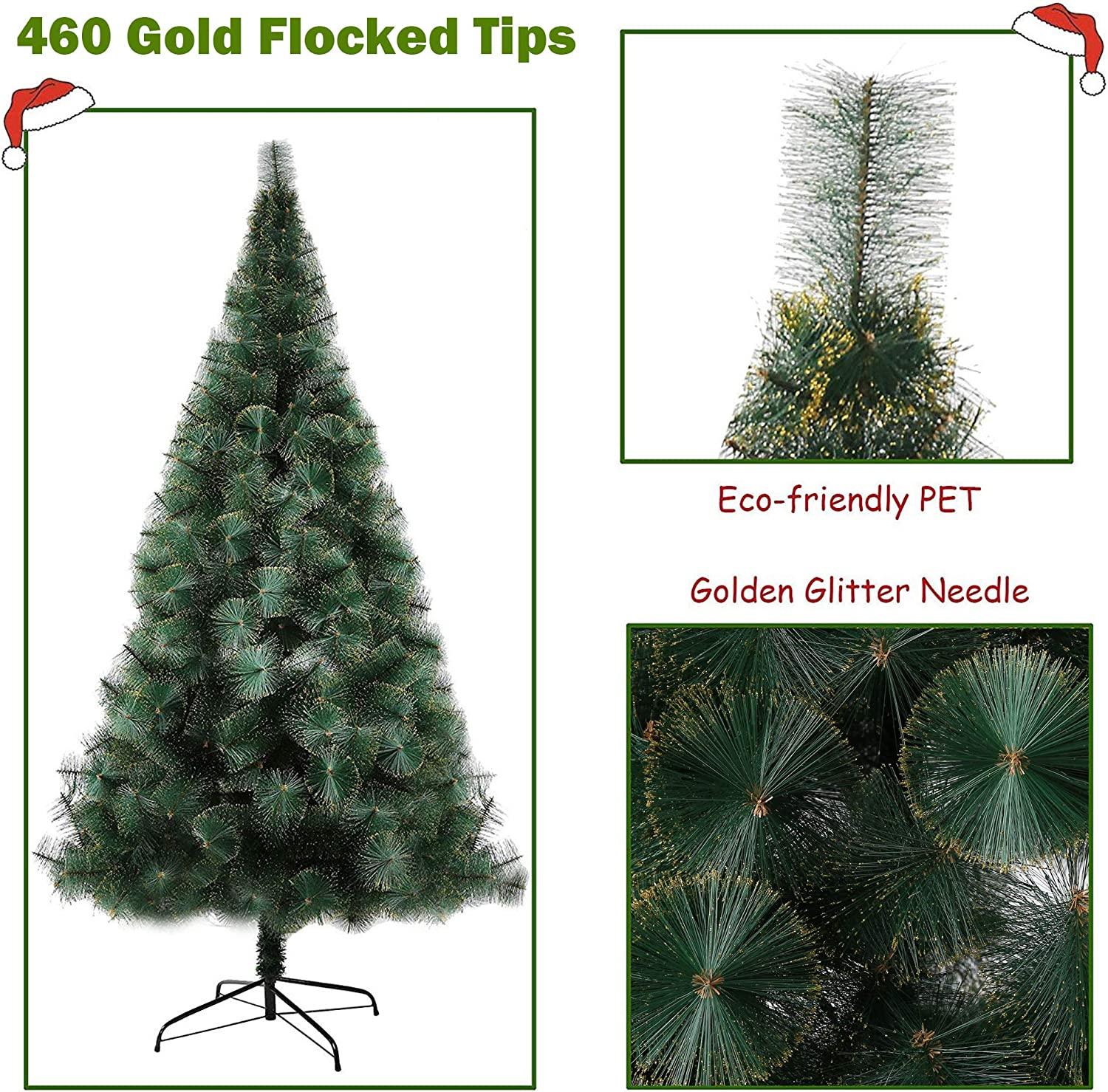 8ft Gold Flocked Christmas Pine Tree Xmas Tree with 460 Branch Tips and Decorations - Luckyermore