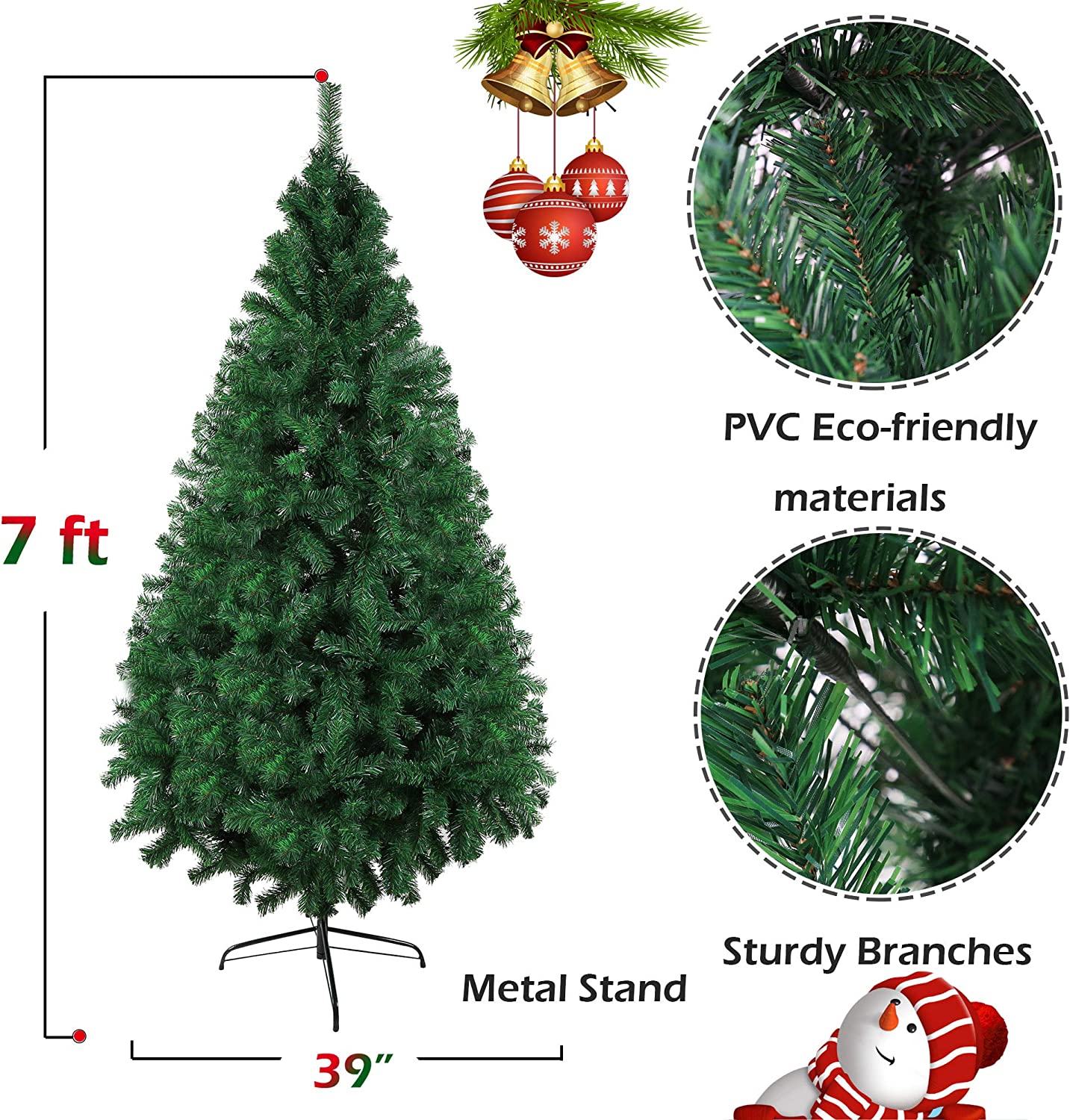 LUCKYERMORE 7ft Christmas Pine Tree Artificial Xmas Tree with 1000 Branch Tips and Decoration, Green