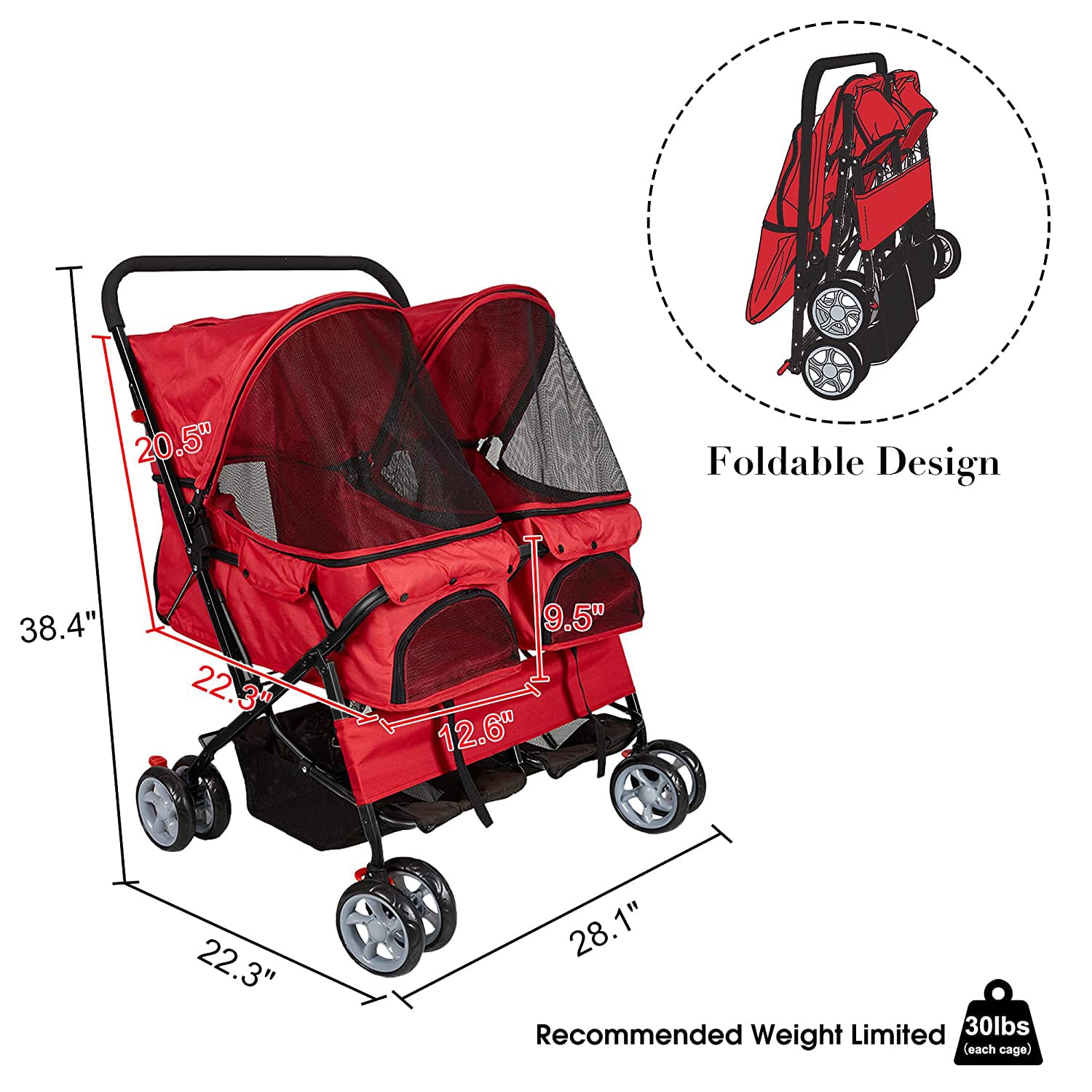 LUCKYERMORE Double Seater Folding Dog Cat Pet Stroller Jogger Travel Carrier Cart, Red