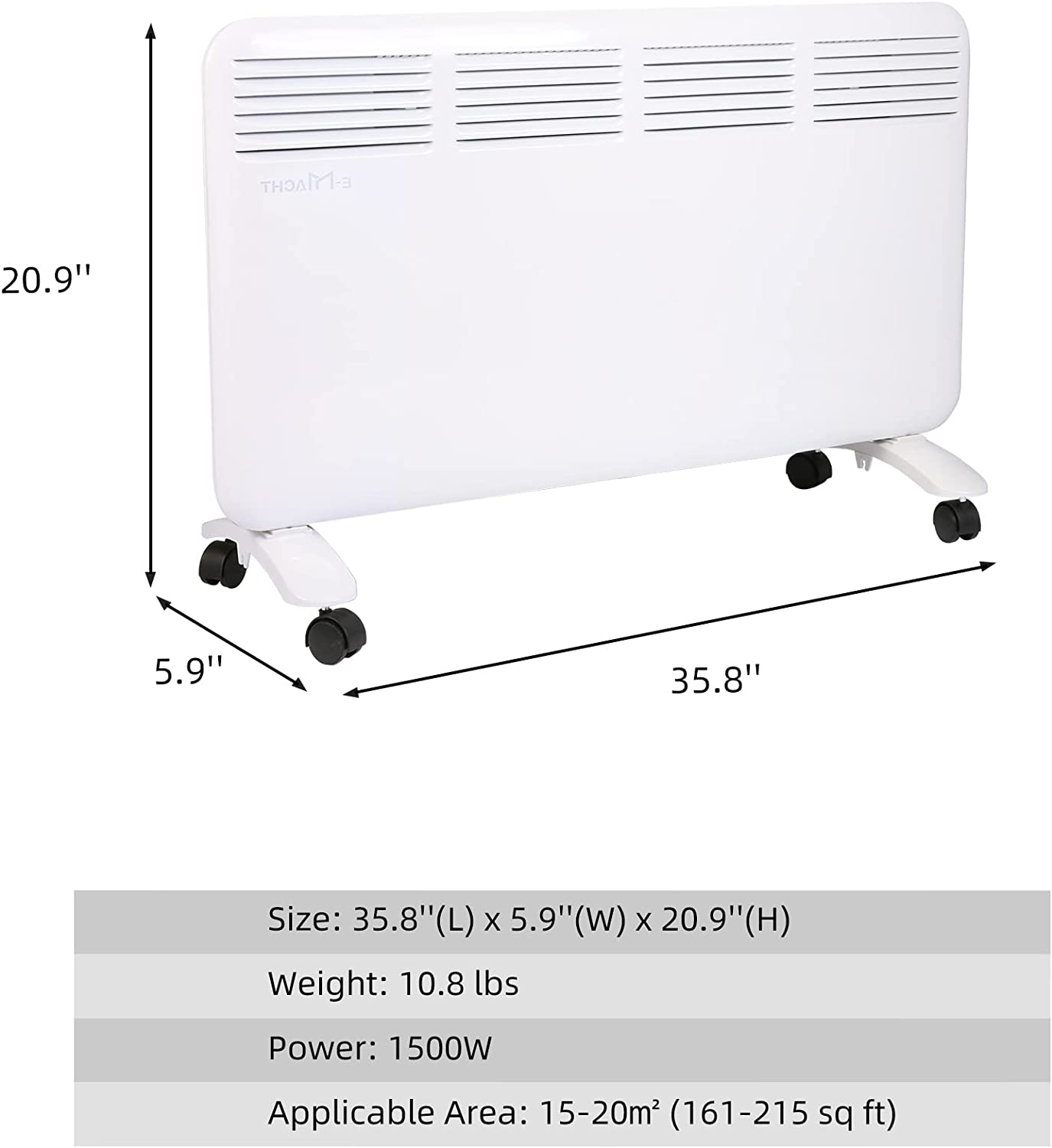 1500W Convection Panel Space Electric Heater Indoor with Adjustable Thermostat LED Digital Display