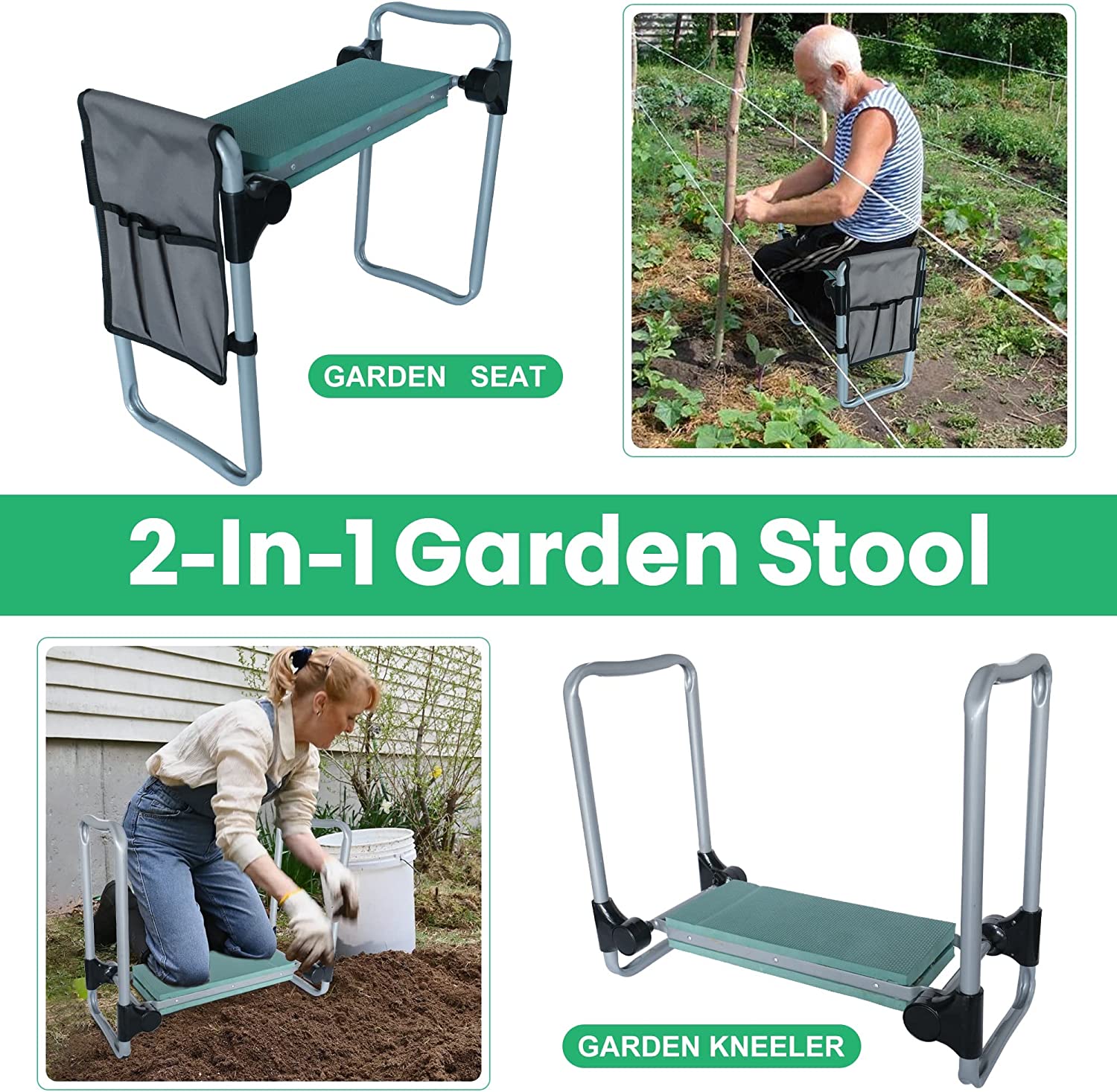 LUCKYERMORE Widen Upgrade Foldable Garden Kneeler Bench and Seat Stool w/Tool Pocket, Green