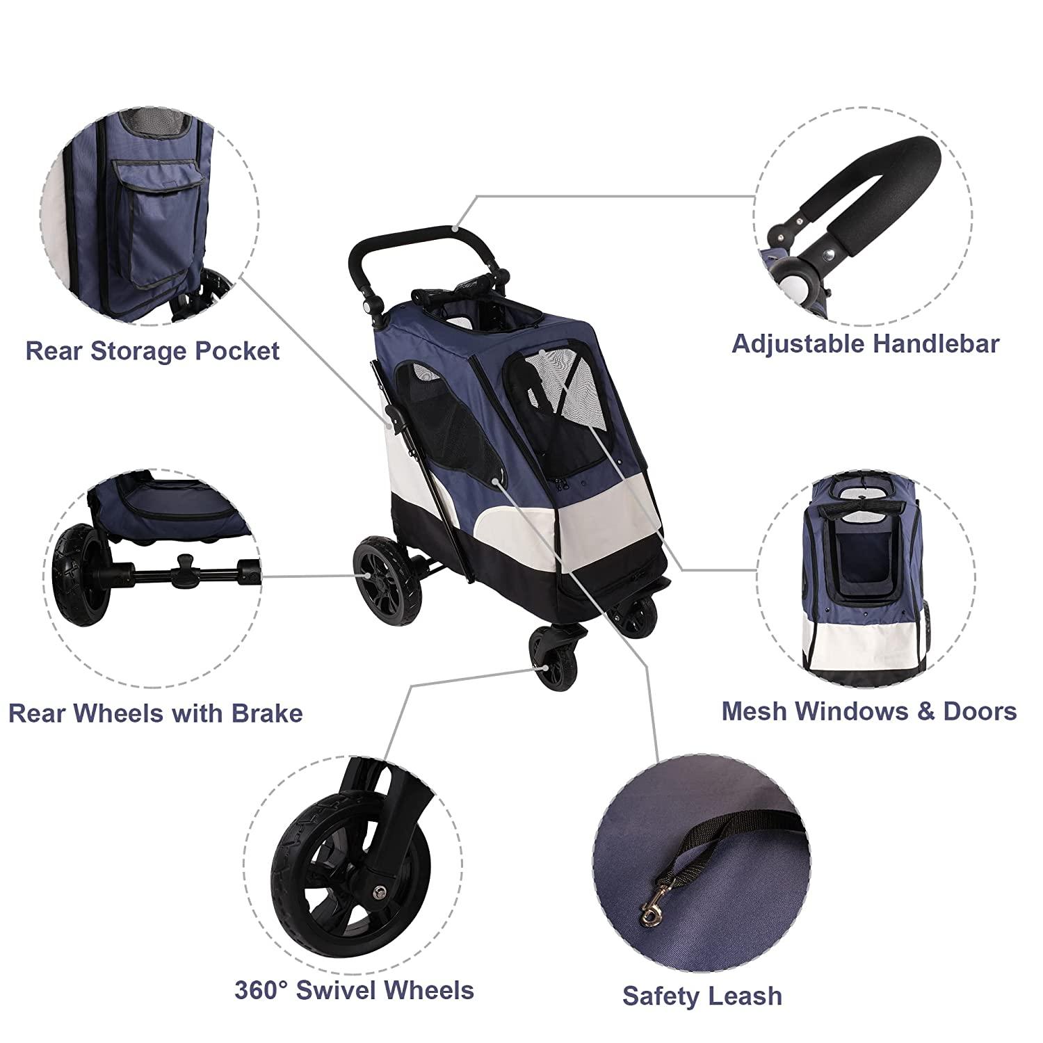 LUCKYERMORE Foldable Travel Dog Stroller Pet carrier with Adjustable Handle & Mesh Window, Blue