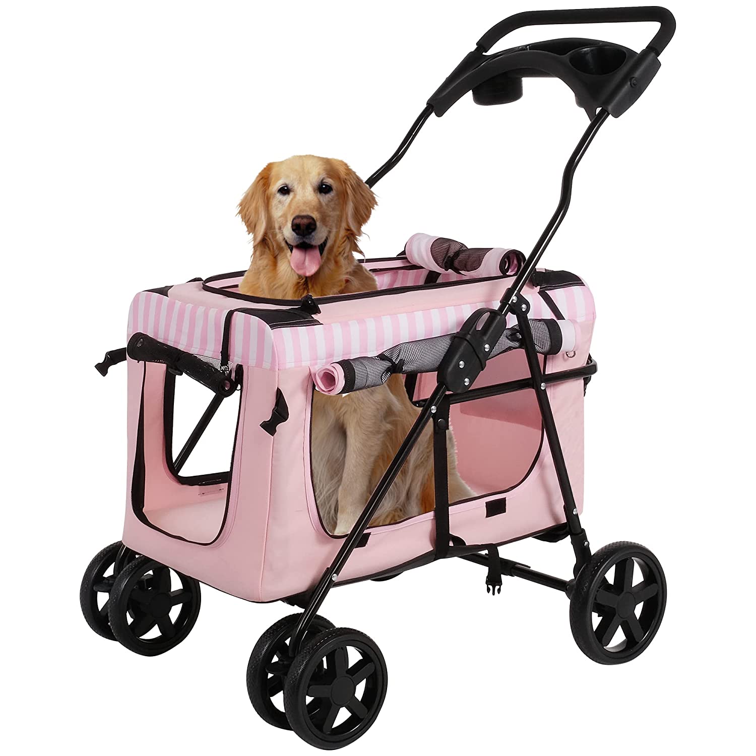 LUCKYERMORE 3-in-1 Folding Travel Pet Carrier Dog Cat Stroller with Water Cup Holder, Pink
