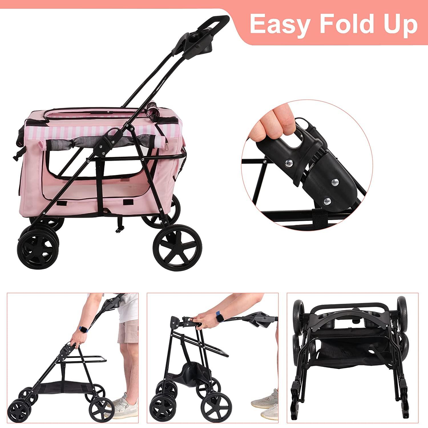 LUCKYERMORE 3-in-1 Folding Travel Carriers Dog Pet Stroller Pet Gear Stroller with Water Cup Holder, Pink