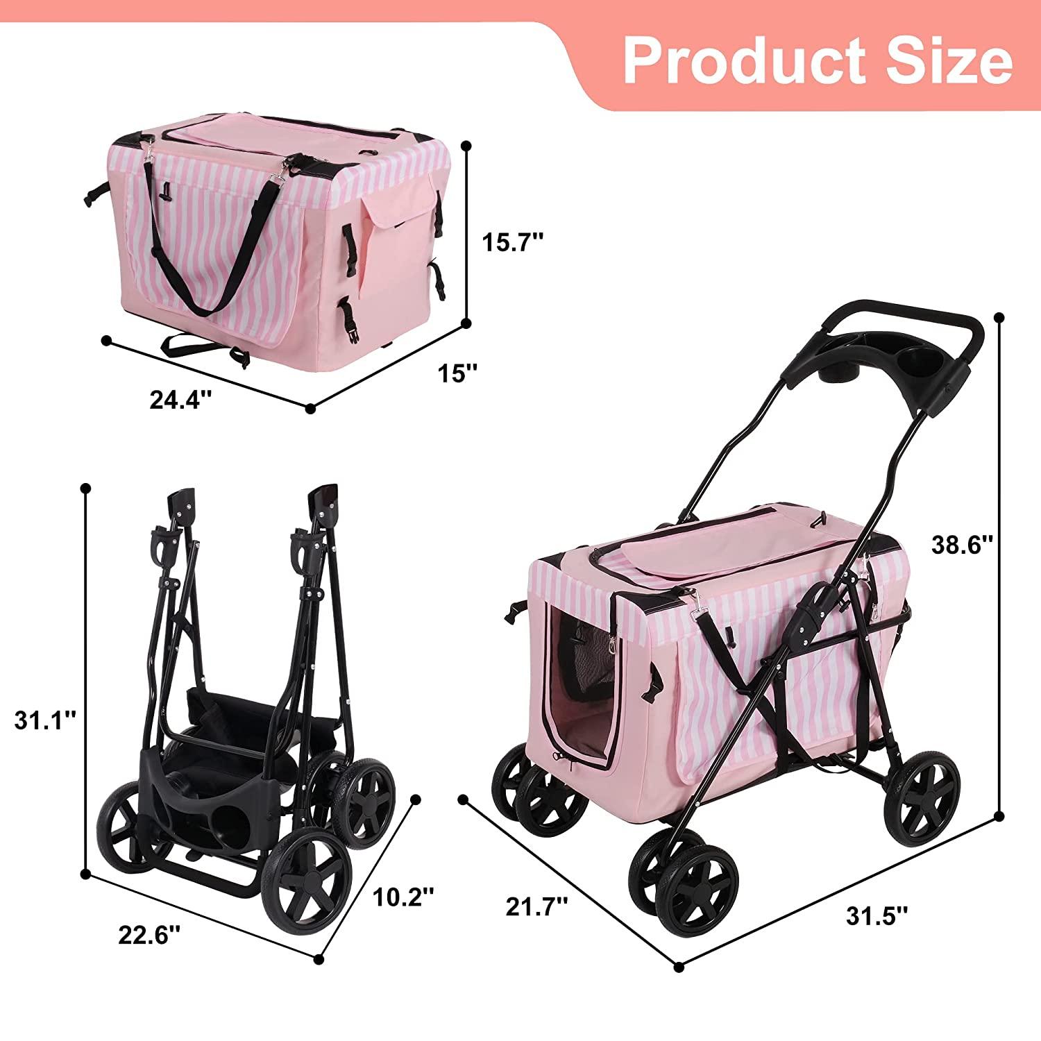 LUCKYERMORE 3-in-1 Folding Travel Carriers Dog Pet Stroller Pet Gear Stroller with Water Cup Holder, Pink