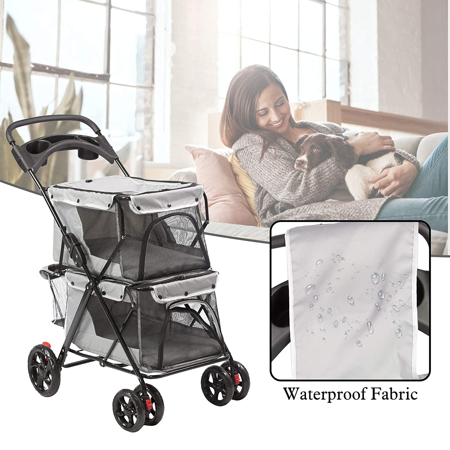 Double Seater Pet Stroller Folding Dog Stroller Travel Cage Stroller with Cup Holders and Mesh Window, Gray