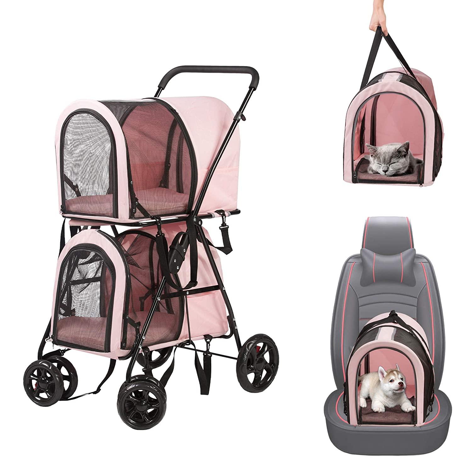 LUCKYERMORE 3-in-1 Double Seater Folding Dog Pet Stroller Kitten Puppy Carriages Detachable Carrier Bags, Pink